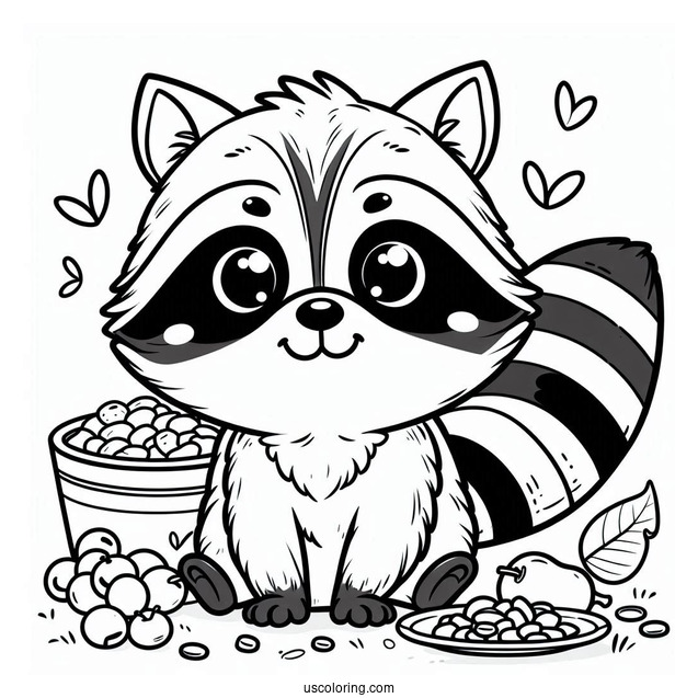 Happy Raccoon Coloring Page With Leftover Food