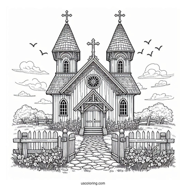 Old Church Coloring Page With A Fence