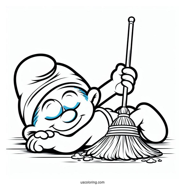 Lazy Smurf Napping While Sweeping Floor