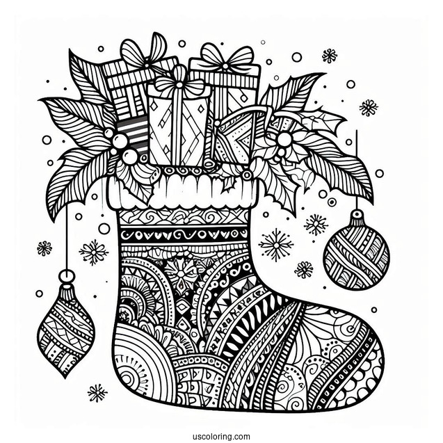 Christmas Coloring Pages For Adults Of Intricate Christmas Stocking Zentangle With Presents Inside
