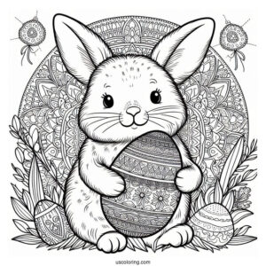Furry Bunny Holding An Easter Coloring Page Of Egg With Mandala Pattern