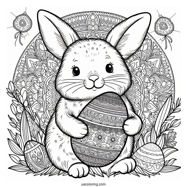 Furry Bunny Holding An Easter Coloring Page Of Egg With Mandala Pattern