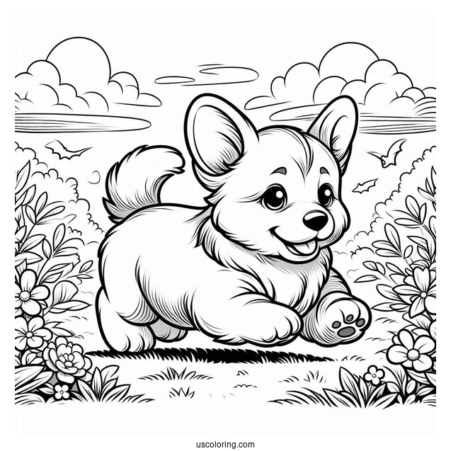 Puppy Corgi Coloring Page Running In Garden