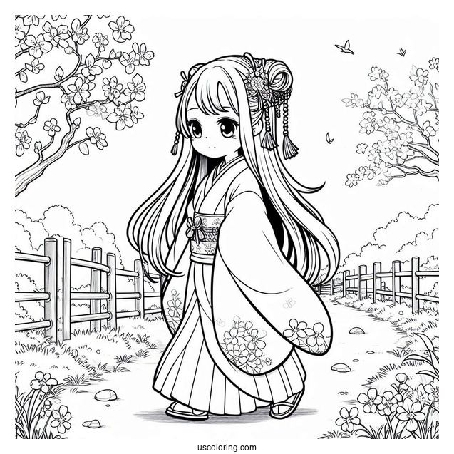 Nezuko Coloring Page Walking In Garden With Cherry Blossoms