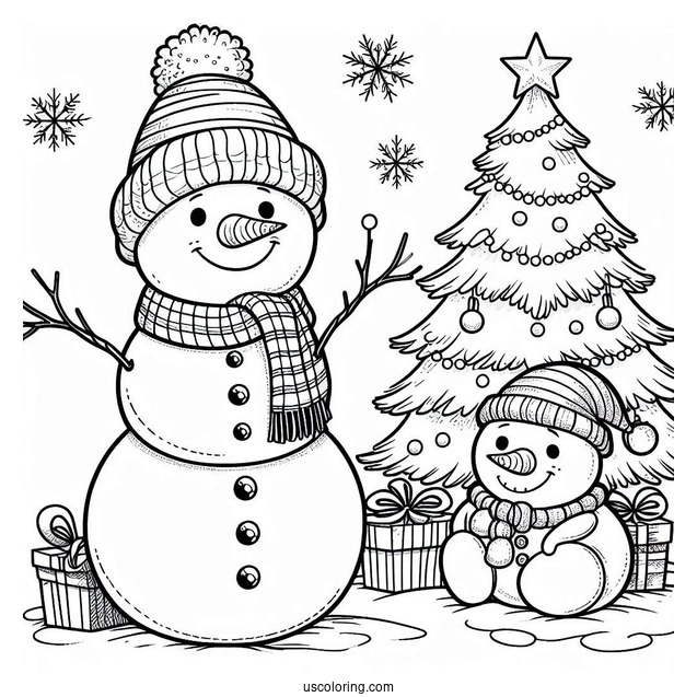 Happy Snowman Sitting Next To Christmas Tree