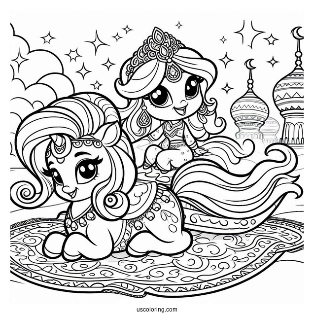 Shimmer And Shine Coloring Page Tahal, And Nala Riding A Magic Carpet