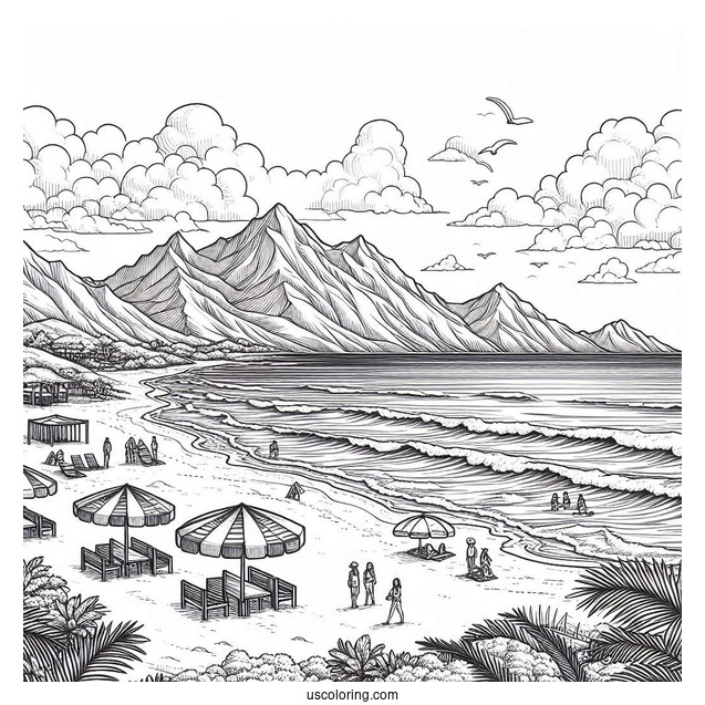 Realistic Beach Coloring Page With Mountain View