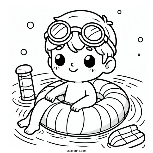 Swimming Coloring Page Of Boy Wearing Goggles And Pool Float For Preschoolers