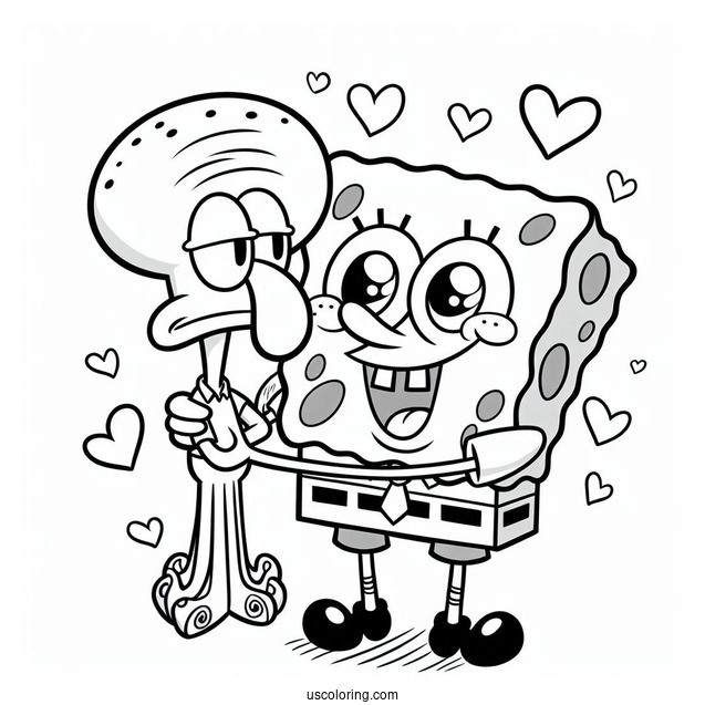Cute SpongeBob Holding Squidward Coloring Page For Kids