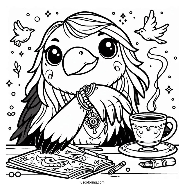 Happy Raven Coloring Page Drinking Coffee For Kids