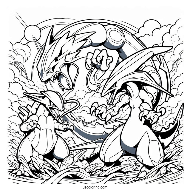Kyogre Fighting With Groudon And Rayquaza Coloring Page