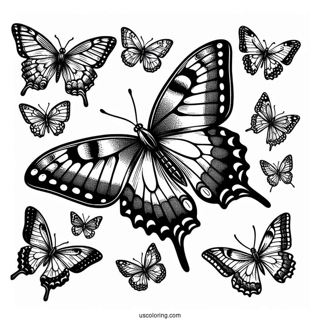 Swallowtail Butterfly With Other Butterflies To Color