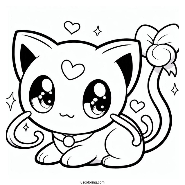 Kawaii Mew Coloring Page With Heart Shaped Tail For Preschoolers