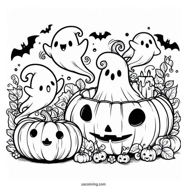 Cute Ghosts Coming Out Of A Pumpkin Coloring Page For Kids