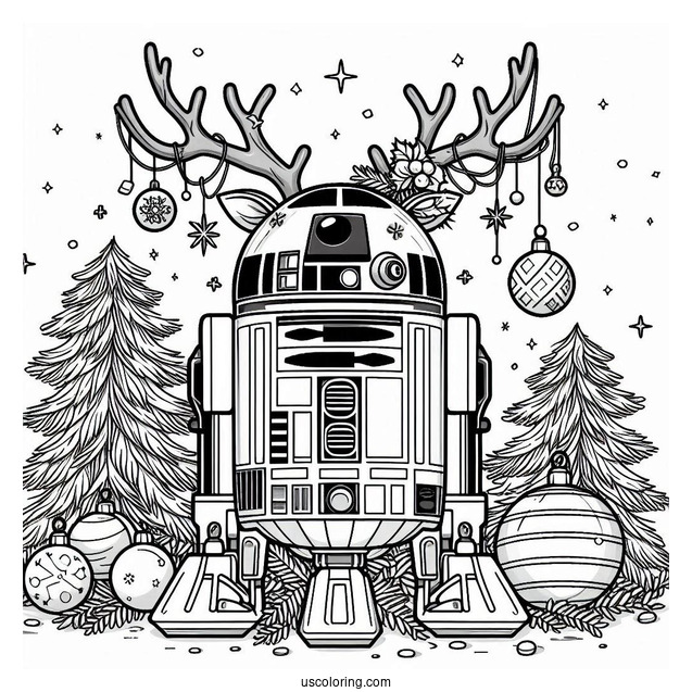 Cute R2-D2 Coloring Page With Antlers And Christmas Baubles For Kids