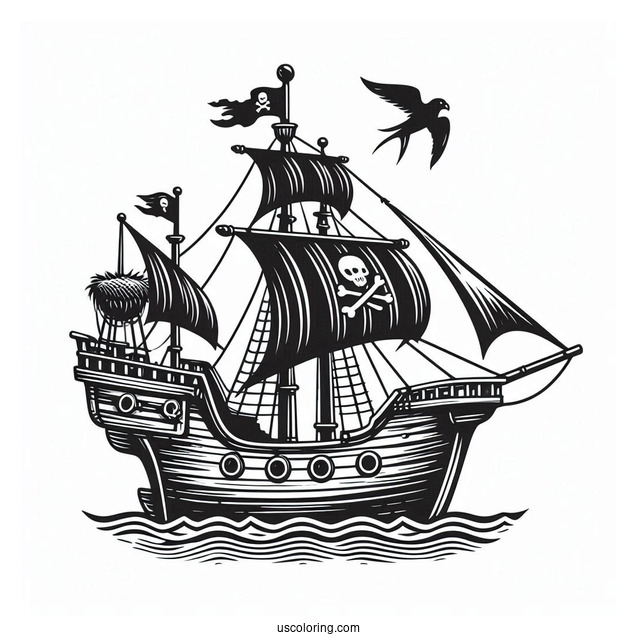 Simple Pirate Ship With Crows Nest To Color