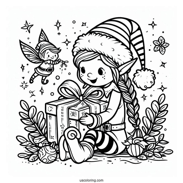 Coloring Page Of Elf Opening Present