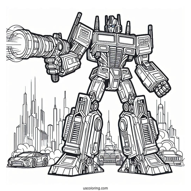 Simple Optimus Prime Coloring Page Outline With Ion Blaster In City