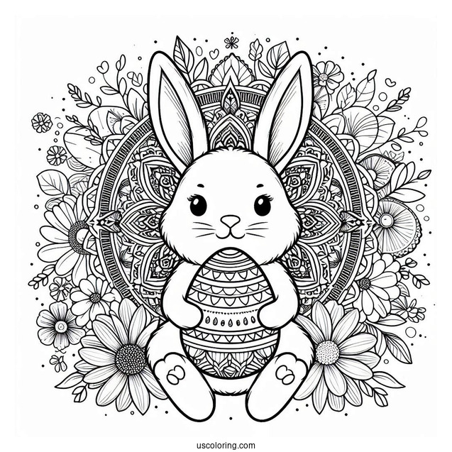 Bunny Holding Easter Egg In Front Of Flower Mandala