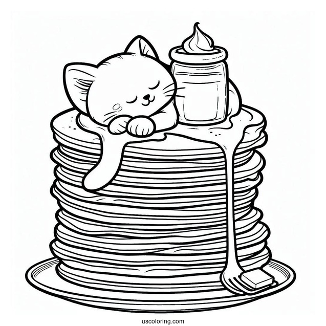 Cat Resting On Top Of Pancake Coloring Page Tower With Melting Butter For Preschoolers