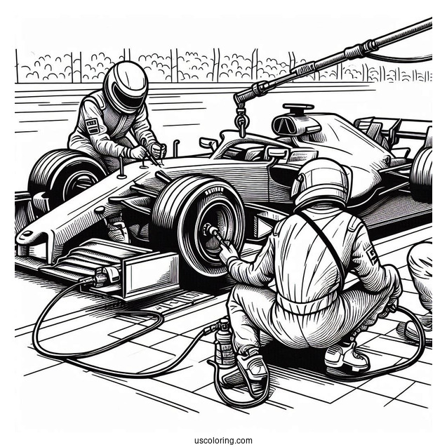 F1 Coloring Page Pit Stop Crew Servicing Race Car