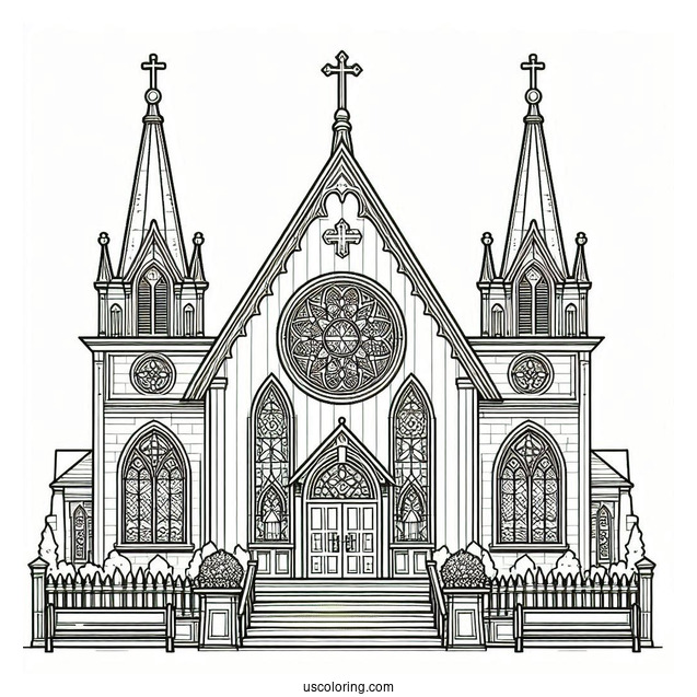 Church Coloring Page With Stained Glass Windows