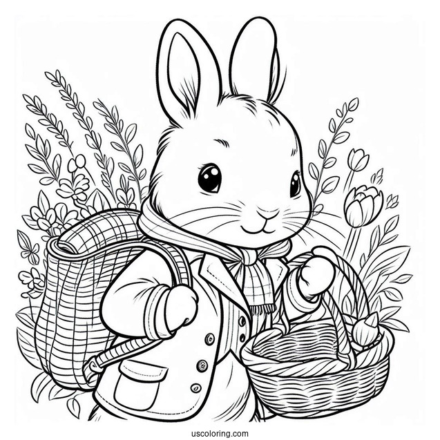 Cute Bunny Rabbit In A Jacket Carrying Basket Peter Rabbit Coloring Page For Preschoolers