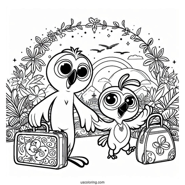 Luiz, Jewel, And Blue With A Suitcase Coloring Page