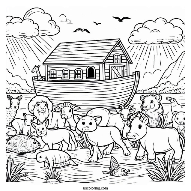 Noah's Ark Coloring Page Leading Animals Into The Ark