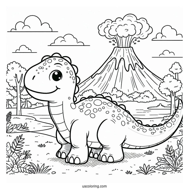 Cute Saltasaurus Dinosaur Coloring Page Of With Volcano In The Background
