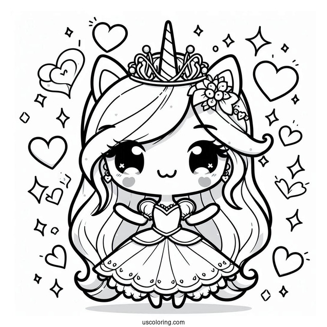 Chibi Unicorn Princess With Love Hearts And Sparkles Coloring Page