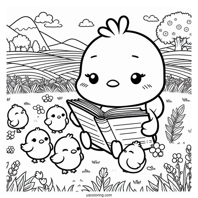 Pochacco Coloring Page Reading Book With Chicks In The Field