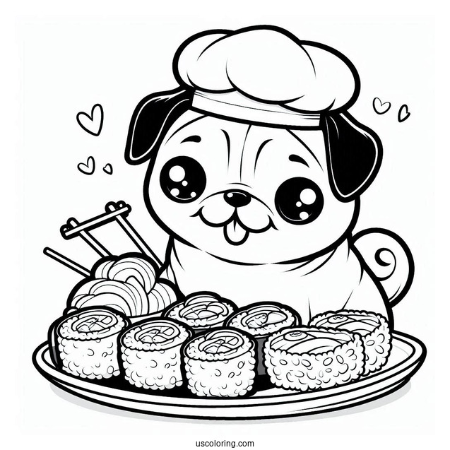 Kawaii Pug Coloring Page and Sushi Platter