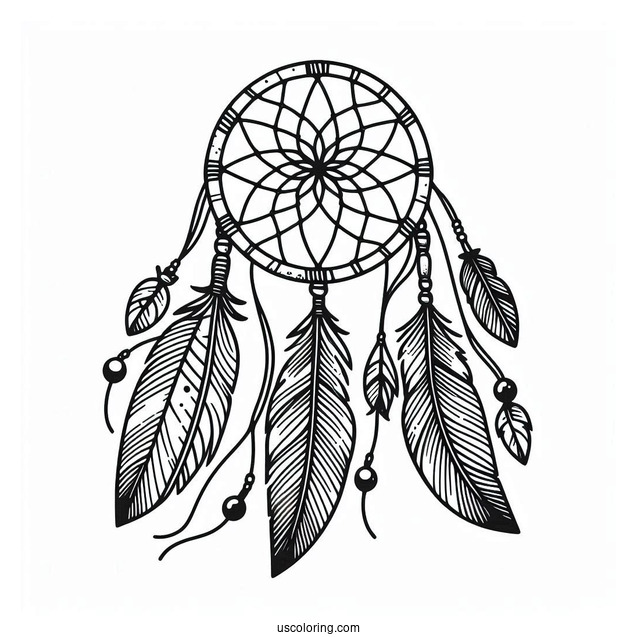 Native American Coloring Page Of Dreamcatcher With Long Feather
