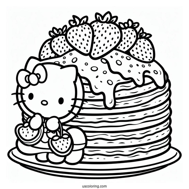 Hello Kitty Holding Massive Pancake Coloring Page With Strawberry Toppings