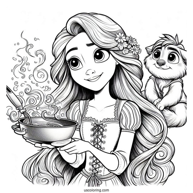 Rapunzel Holding Pan With Pascal To Color