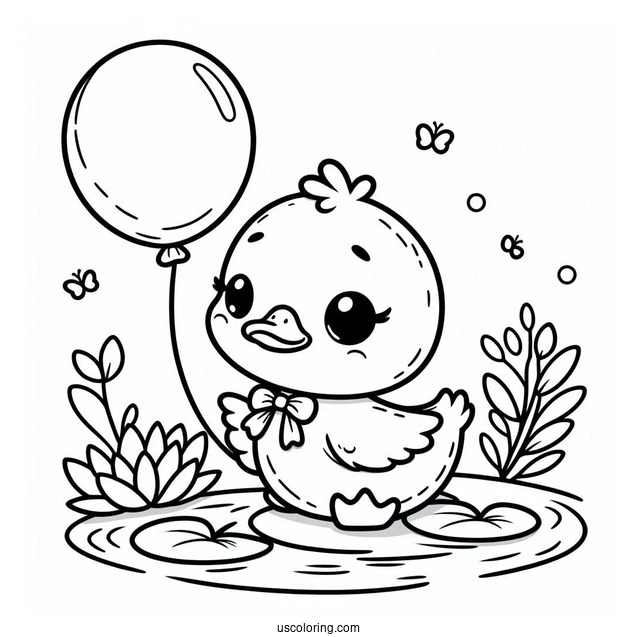 Adorable Duck With Balloon Standing On Lily Pad Coloring Sheet For Preschoolers