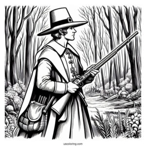 Pilgrim Coloring Page Holding A Musket In The Forest