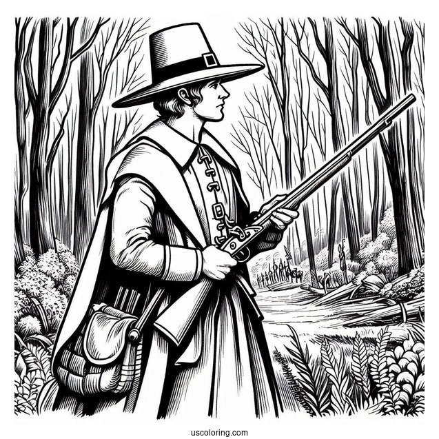 Pilgrim Coloring Page Holding A Musket In The Forest