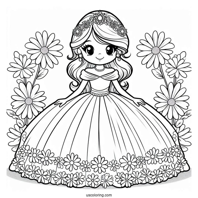Easy Princess Daisy Coloring Page In Gown For Kids