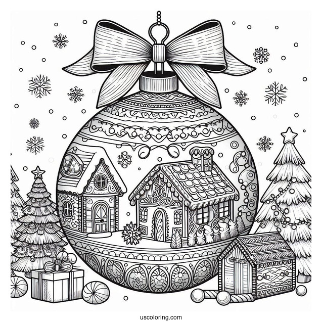 Christmas Coloring Pages For Adults Of Christmas Bauble With Gingerbread House Inside