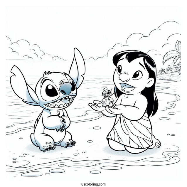 Coloring Page Of Lilo And Stitch On Beach With Jumba And Pleakley