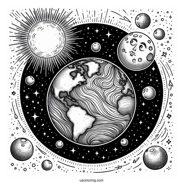 Realistic Earth With Sun And Moon In Outer Space Coloring Sheet