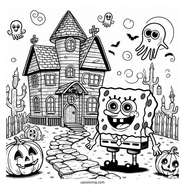Adorable SpongeBob Coloring Page In Front Of Haunted House
