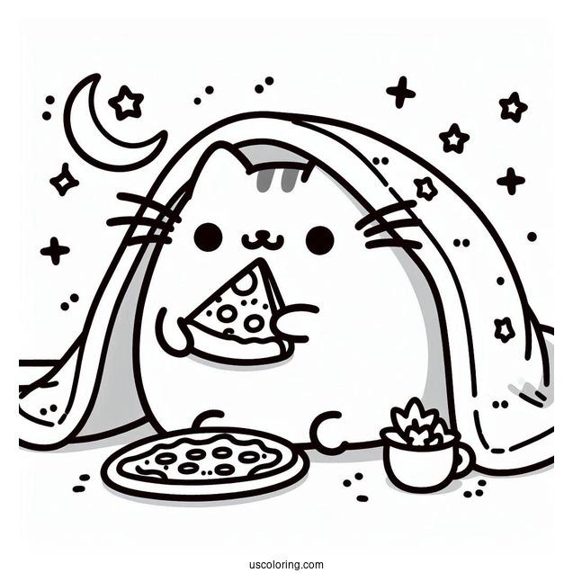 Pusheen Under Blanket Eating Pizza