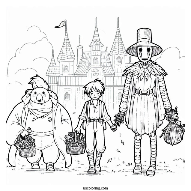 Studio Ghibli Coloring Page of Markl, Hin, and Scarecrow From Howl s Moving Castle