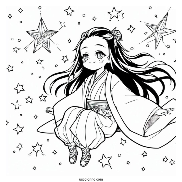 Nezuko Coloring Page In The Air With Stars