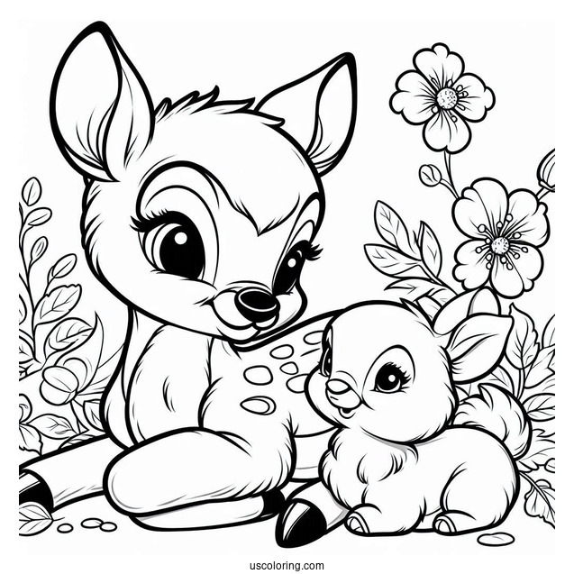 Coloring Sheet Of Bambi With Thumper And Flower