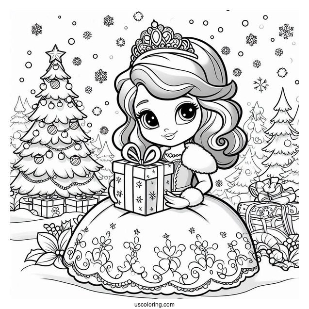 Sofia The First Coloring Page Of With Christmas Present In Snow