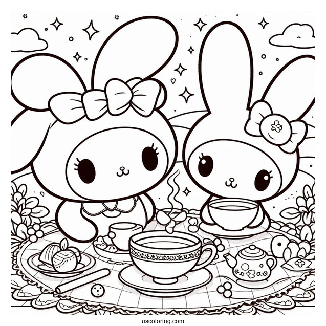 My Melody Coloring Page Having Tea With Flat And Risu